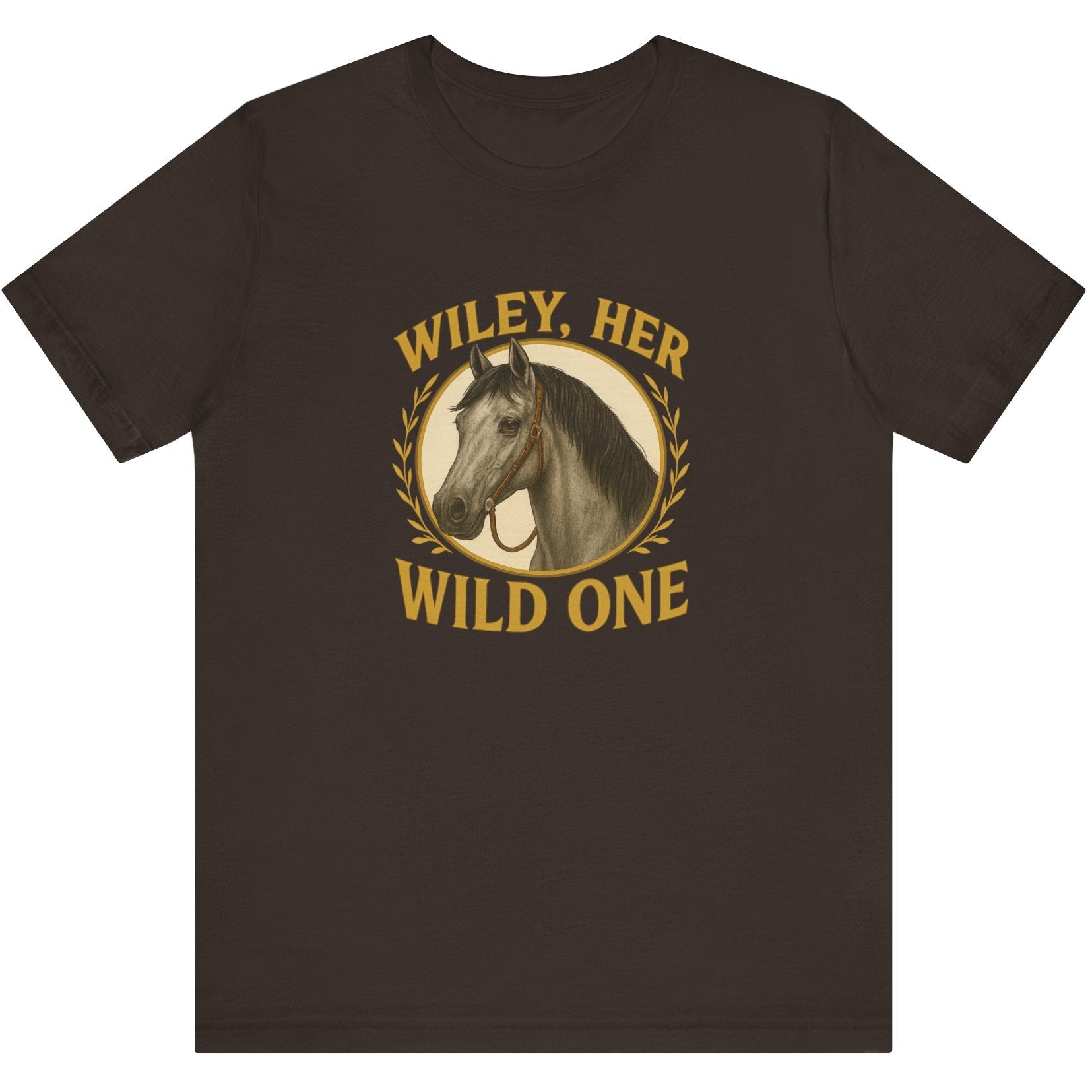 Brown t-shirt with horse graphic and text on a white background