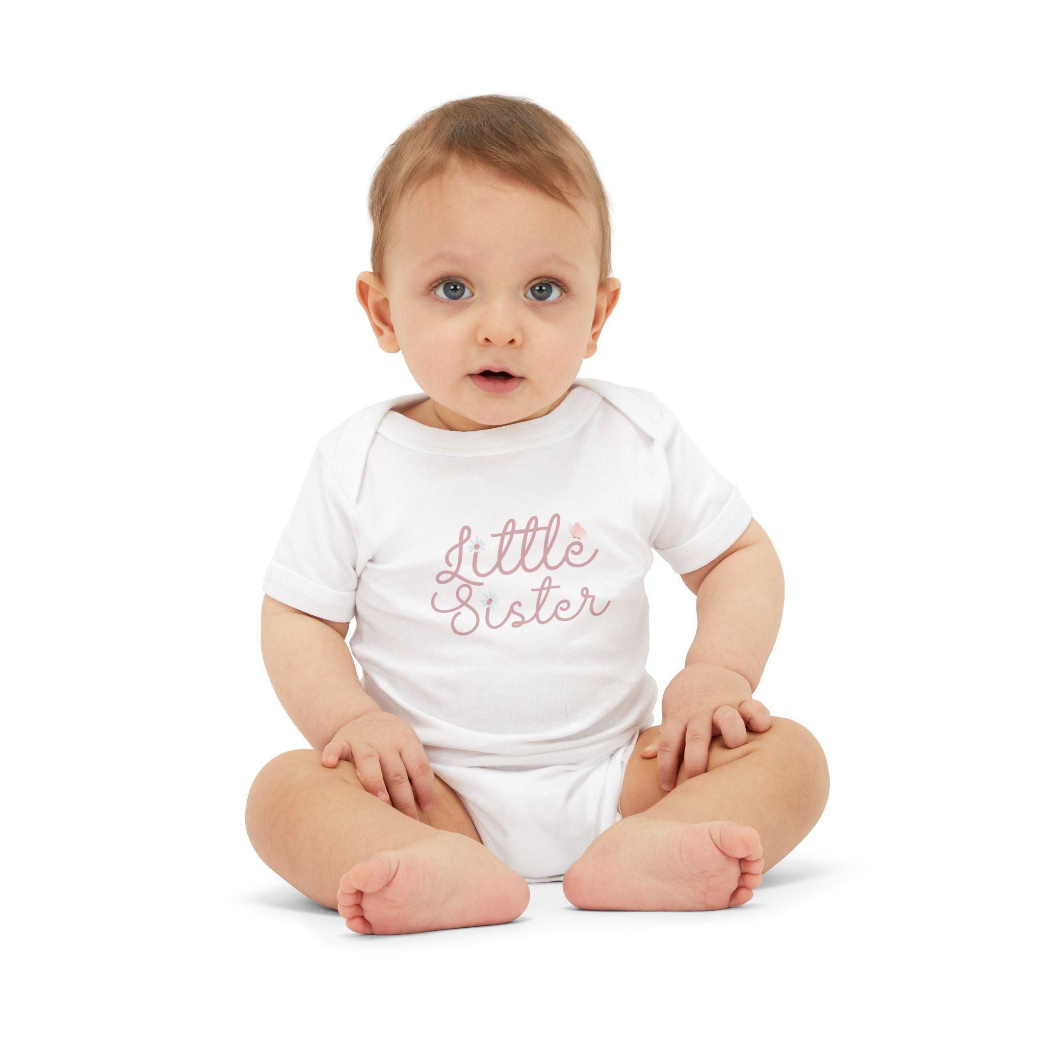 Daisy Cursive Pink - Little Sister Onesie - Long-Sleeve Organic Bodysuit