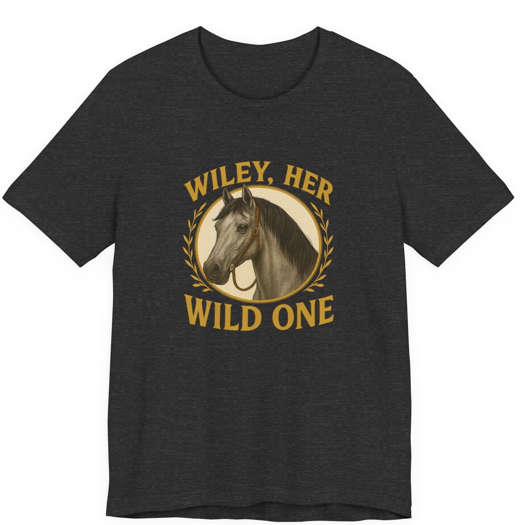 Dark Gray Heathered t-shirt with a horse graphic and text 'Wiley, Her Wild One' on a white background