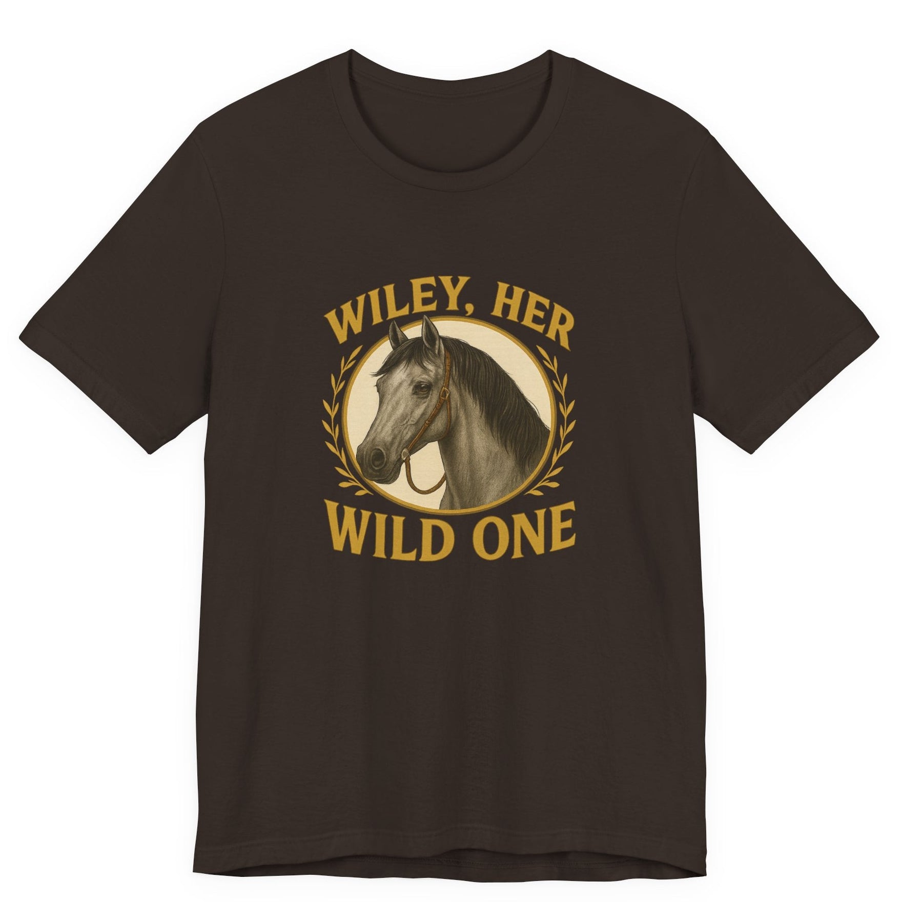 Dark Brown t-shirt with horse graphic and text 'Wiley, Her Wild One' on a white background