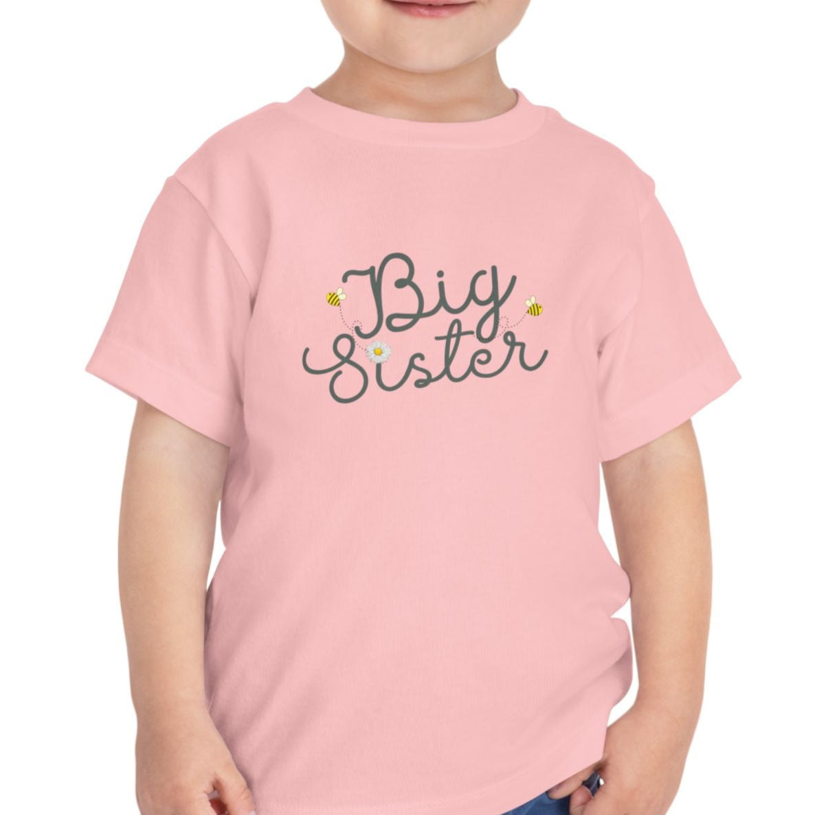 Big Sister Bees & Daisy Green Cursive - Big Sister Kids' T-Shirt - 3/4-7/8