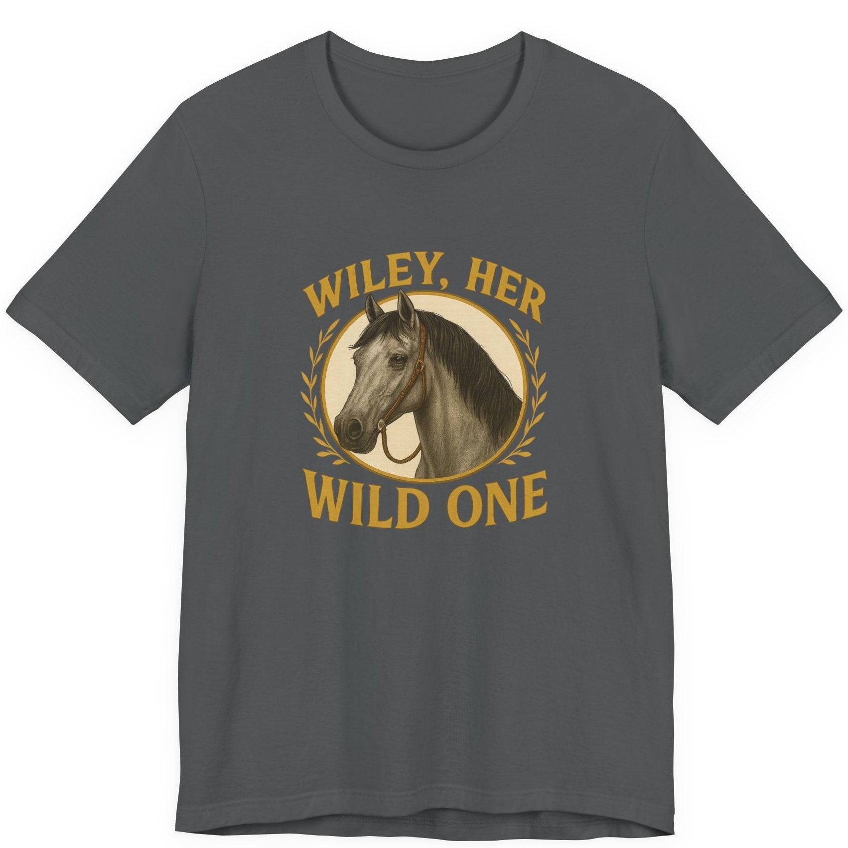 Asphalt Gray t-shirt with horse graphic and text 'Wiley, Her Wild One' on a white background