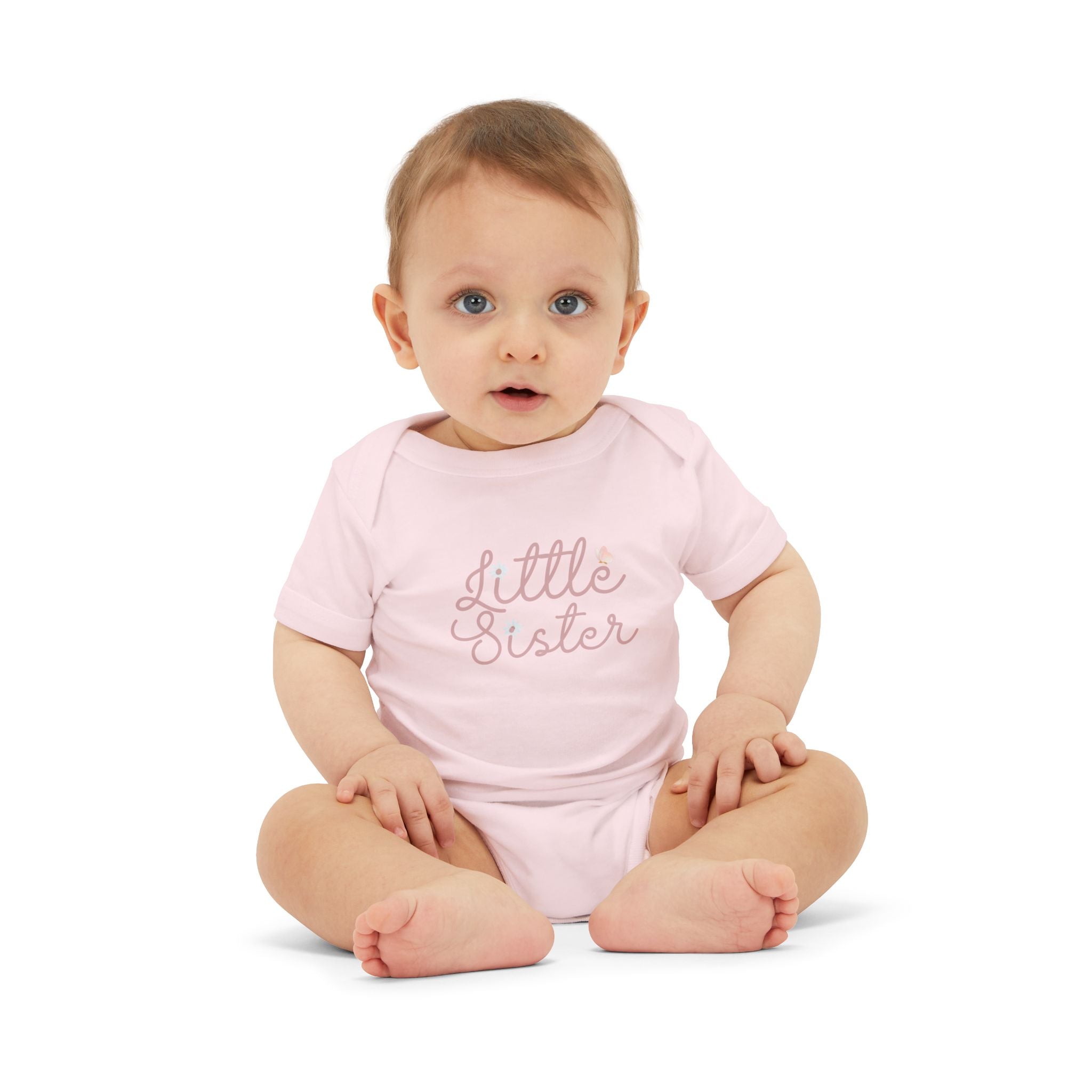 Daisy Cursive Pink - Little Sister Onesie - Long-Sleeve Organic Bodysuit