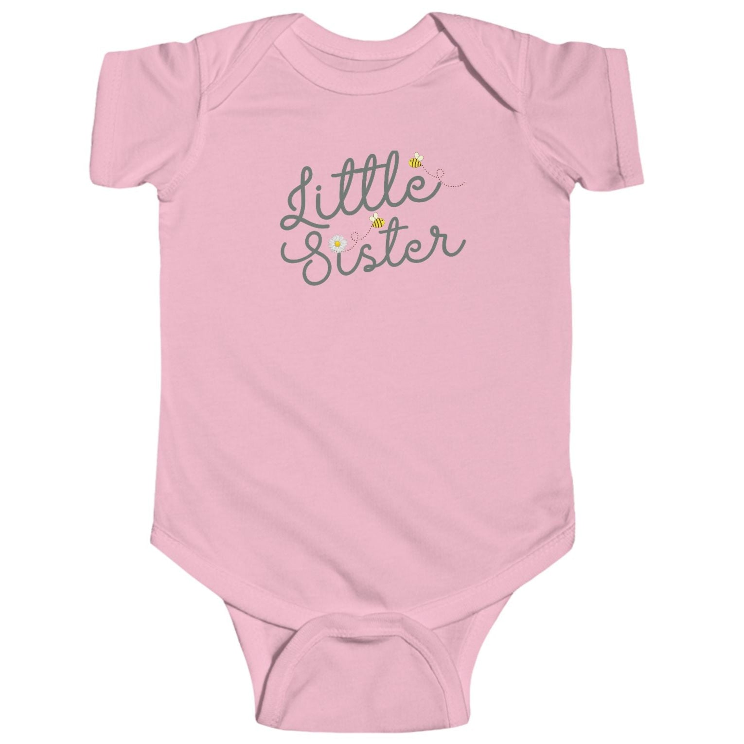 Little Sister Bees & Daisy Green Cursive- Little Sister Onesie