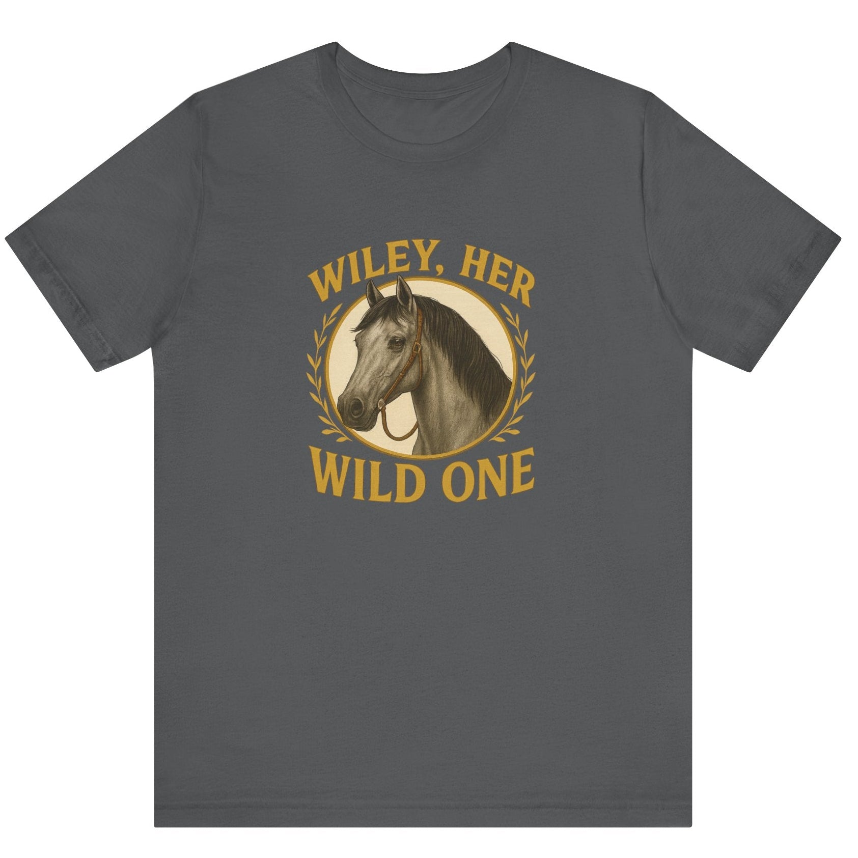 Asphalt Gray t-shirt with a horse graphic and text 'Wiley, Her Wild One' on a white background