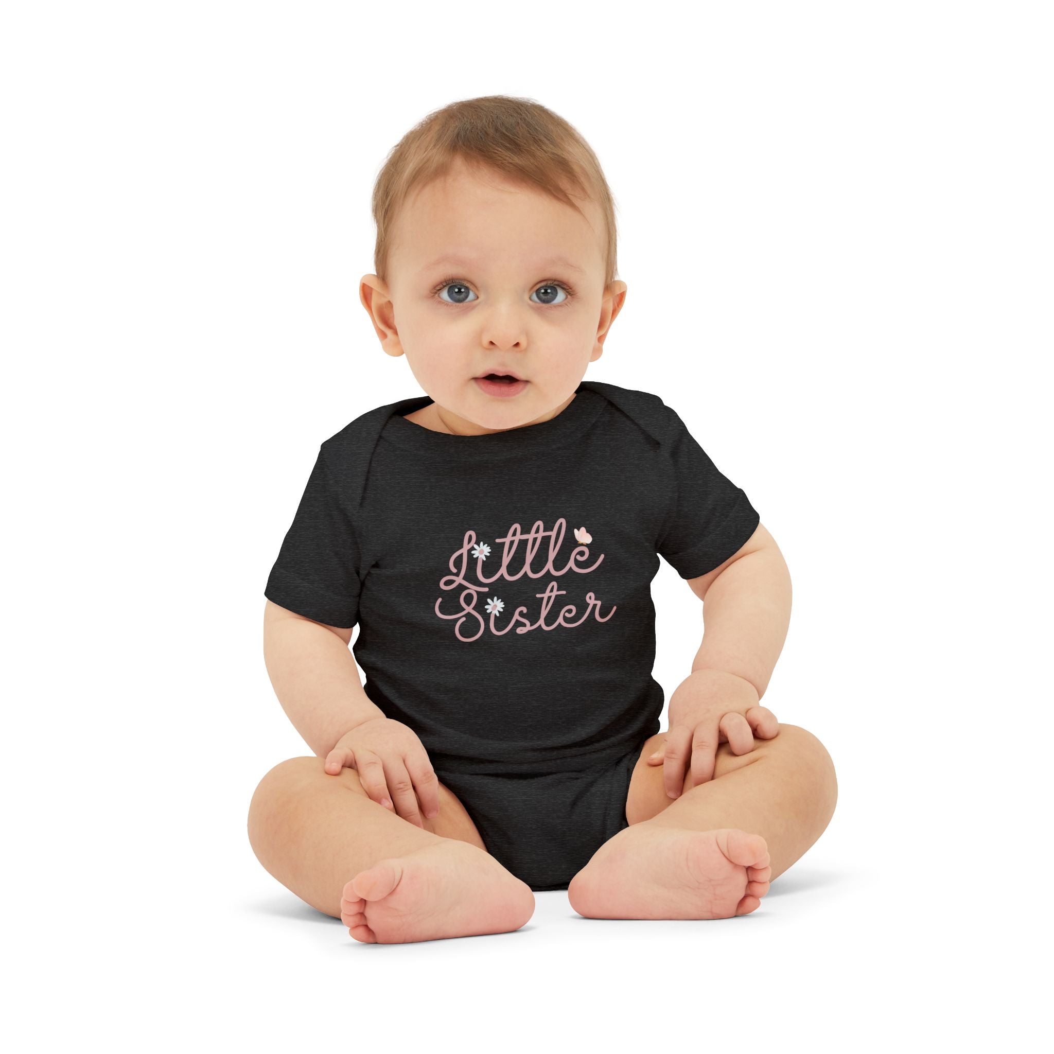 Daisy Cursive Pink - Little Sister Onesie - Long-Sleeve Organic Bodysuit