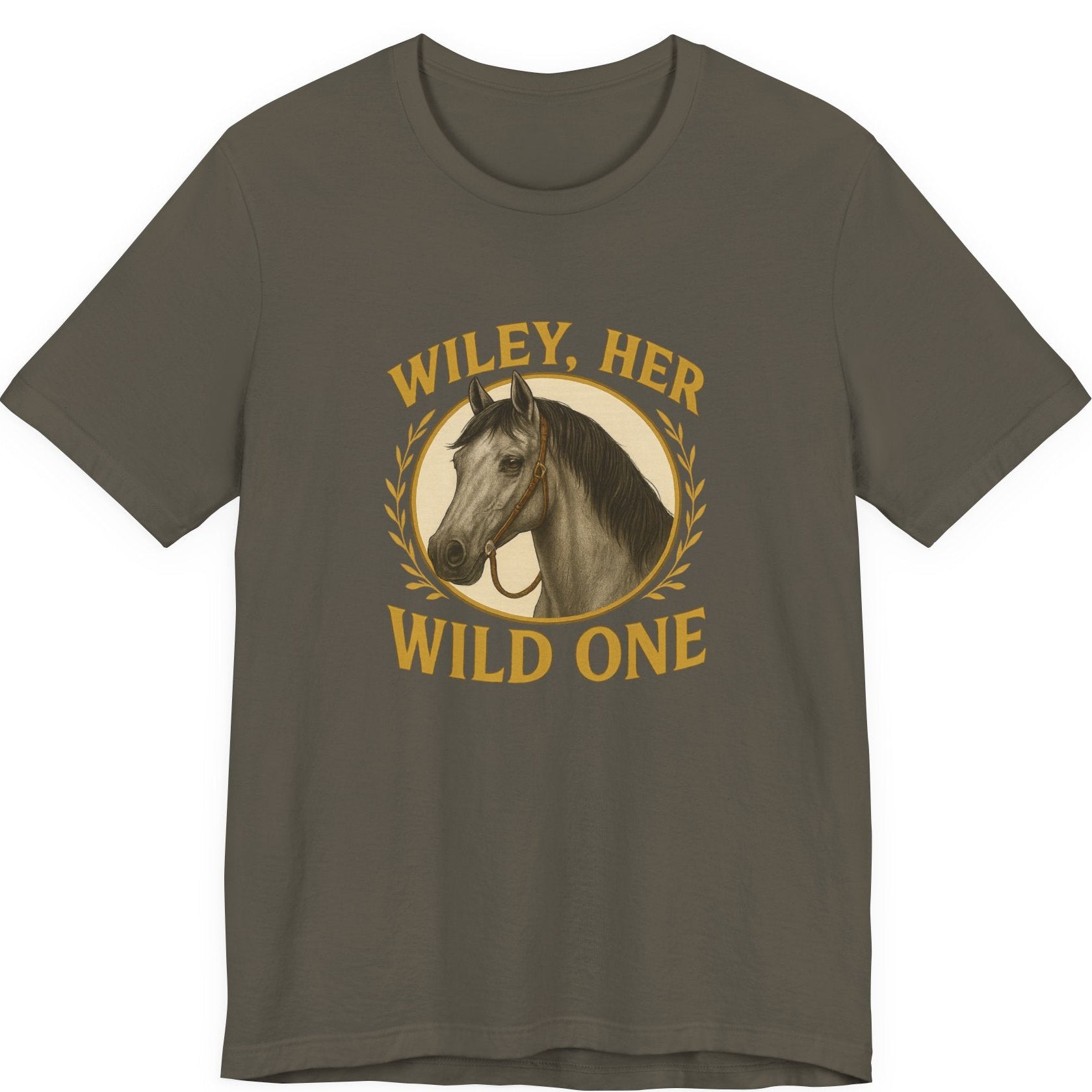 Army color t-shirt with horse graphic and text 'Wiley, Her Wild One' on a white background
