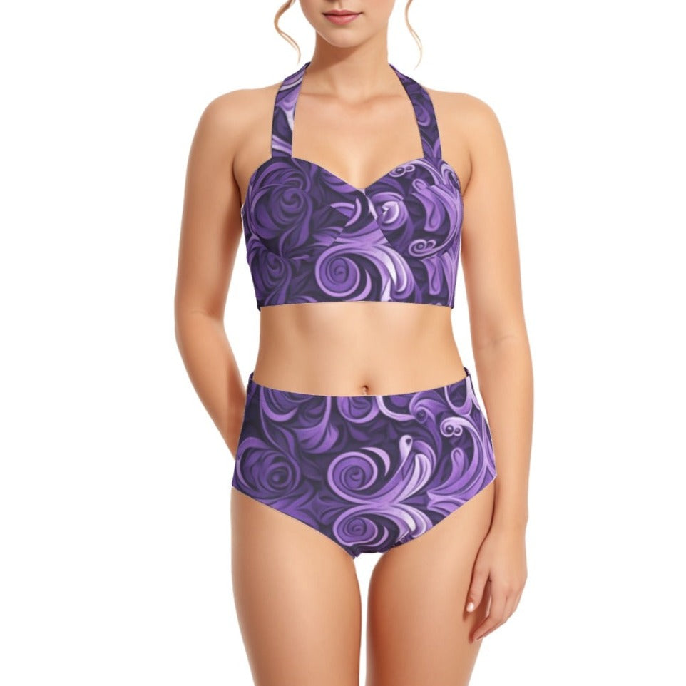 Purple Swirls Women's Swimsuit Set With Halter
