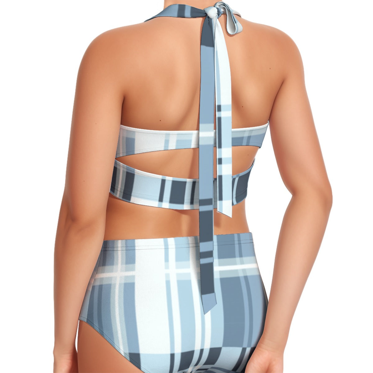 Blue Plaid Women's Swimsuit Set With Halter