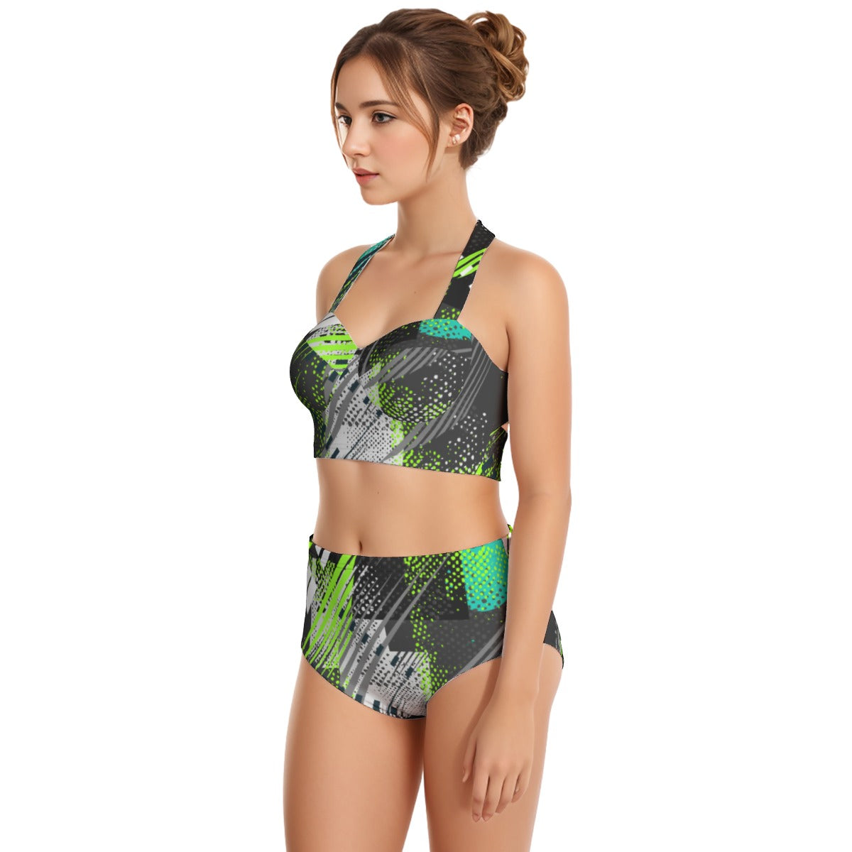 Green Bias Women's Swimsuit Set With Halter