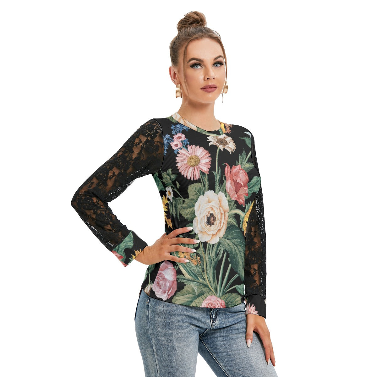 Poppy Fleurs Women's T-shirt with Black Lace Sleeve