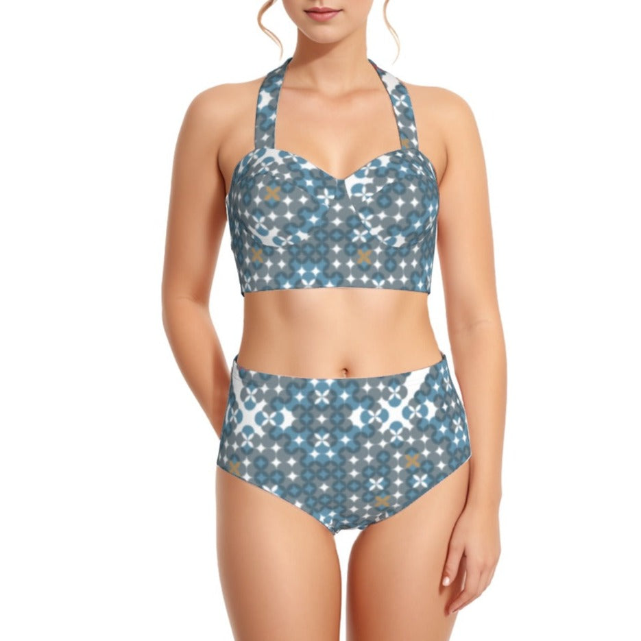 Blue stars Print Women's Swimsuit Set With Halter