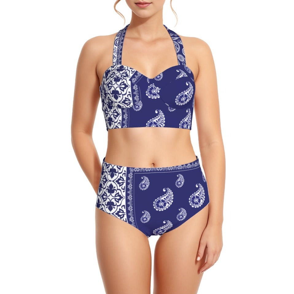 Cobalt Paisley Women's Swimsuit Set With Halter