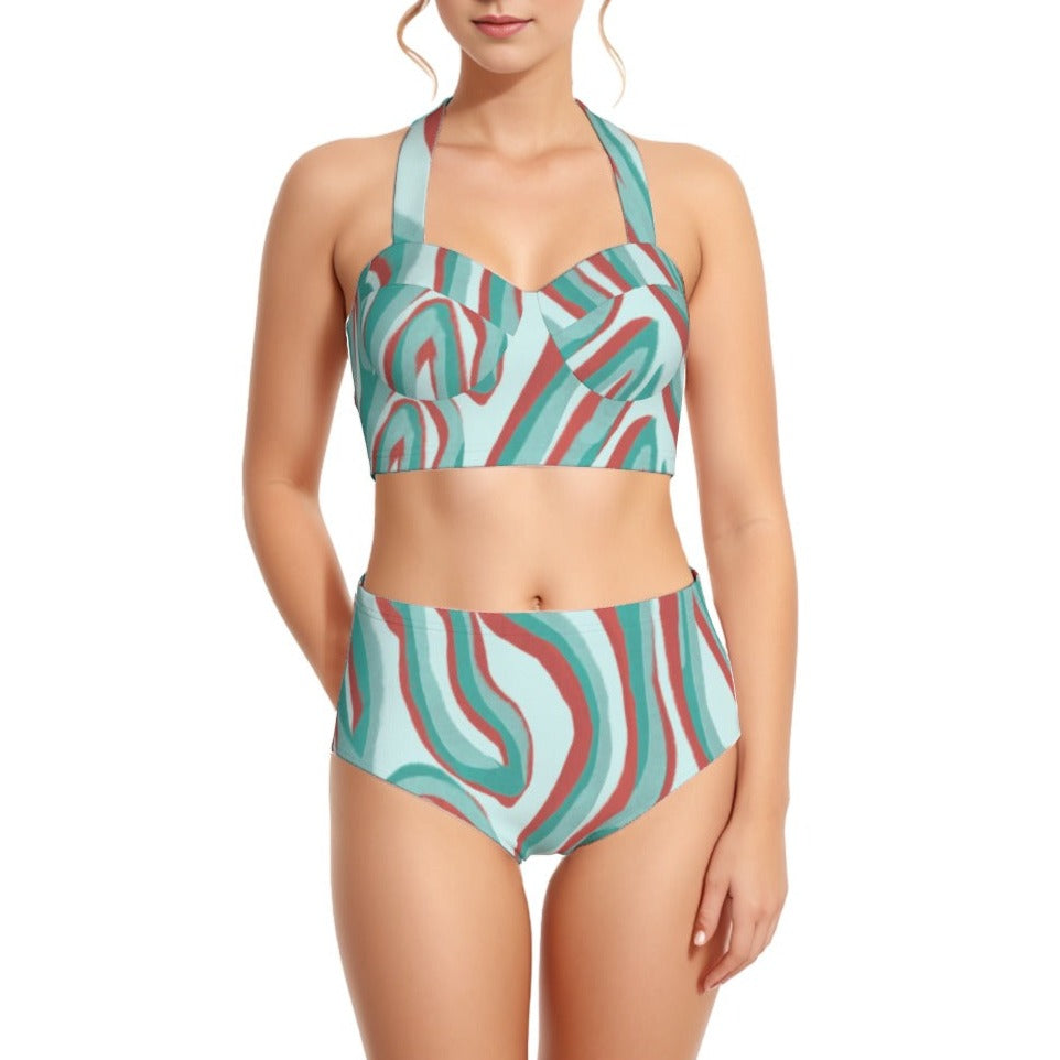 Aqua Swirl Women's Bikini Set With Halter