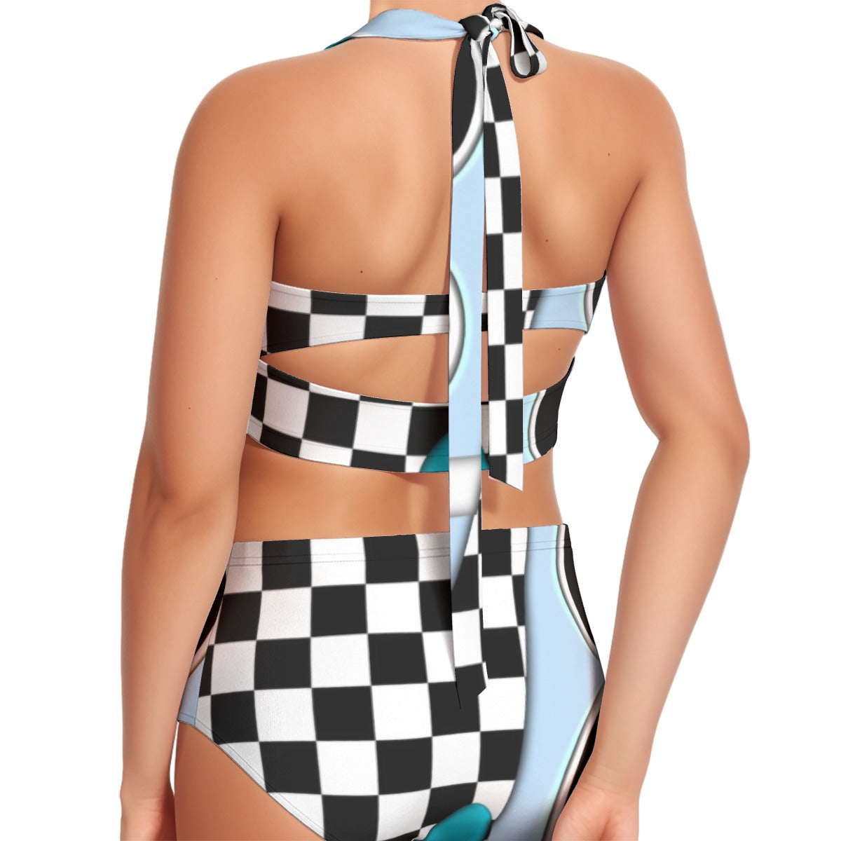 Blue Checks Print Women's Swimsuit Set With Halter