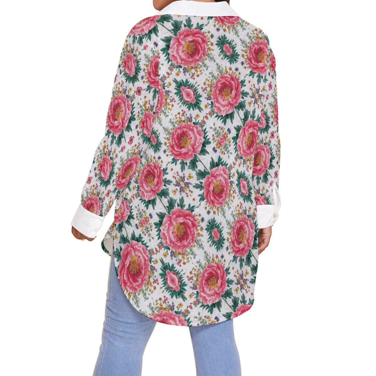 Hot Pink Peony on Bias - Women's Shirt With Long Sleeve(Plus Size) - Spruced Roost