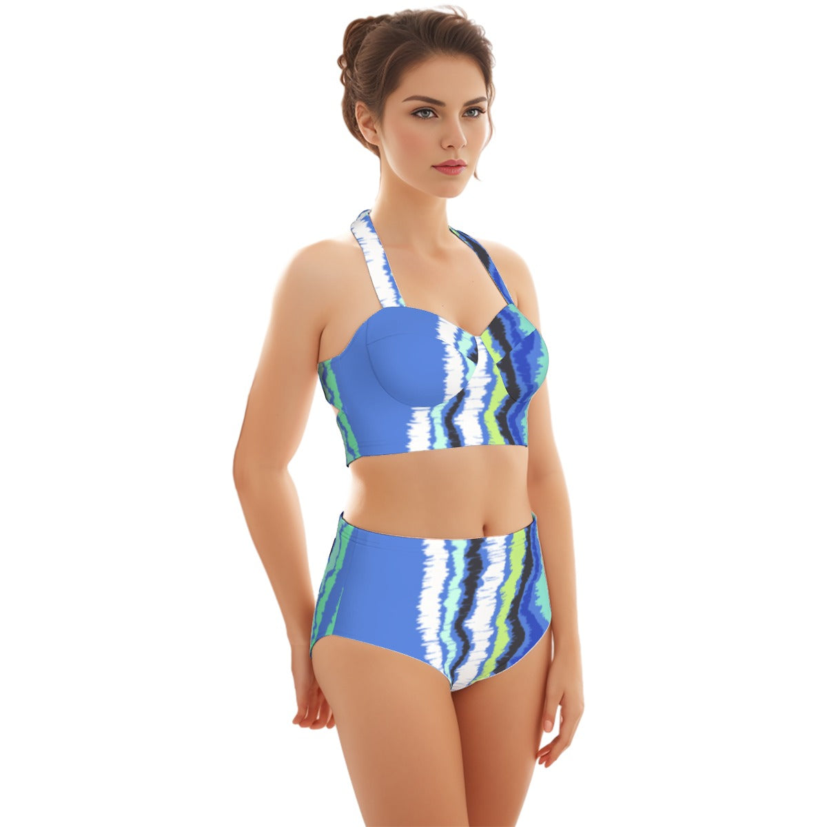 Blue Green Women's Swimsuit Set With Halter AOP