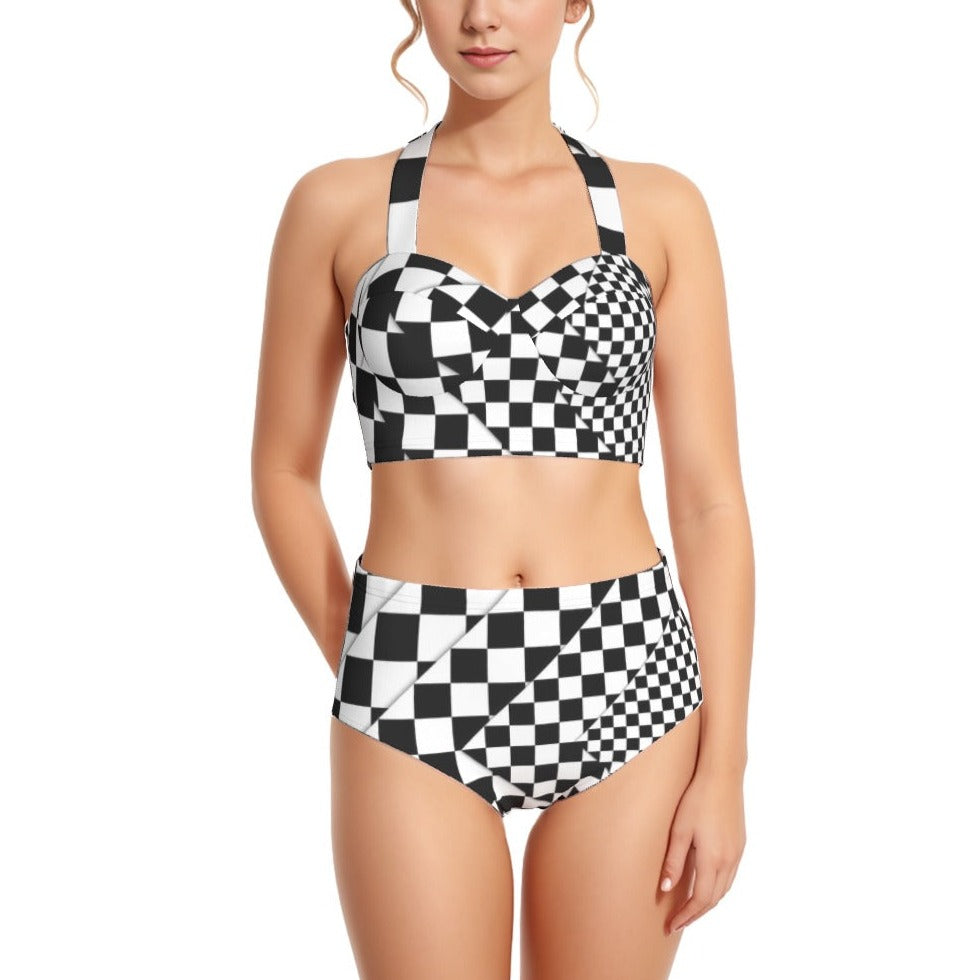 Checked Style Print Women's Swimsuit Set With Halter