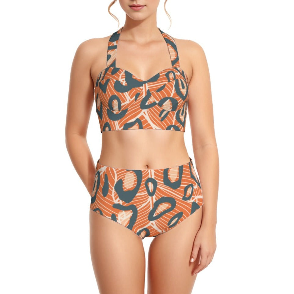 Leaf Leopard Women's Swimsuit Set With Halter