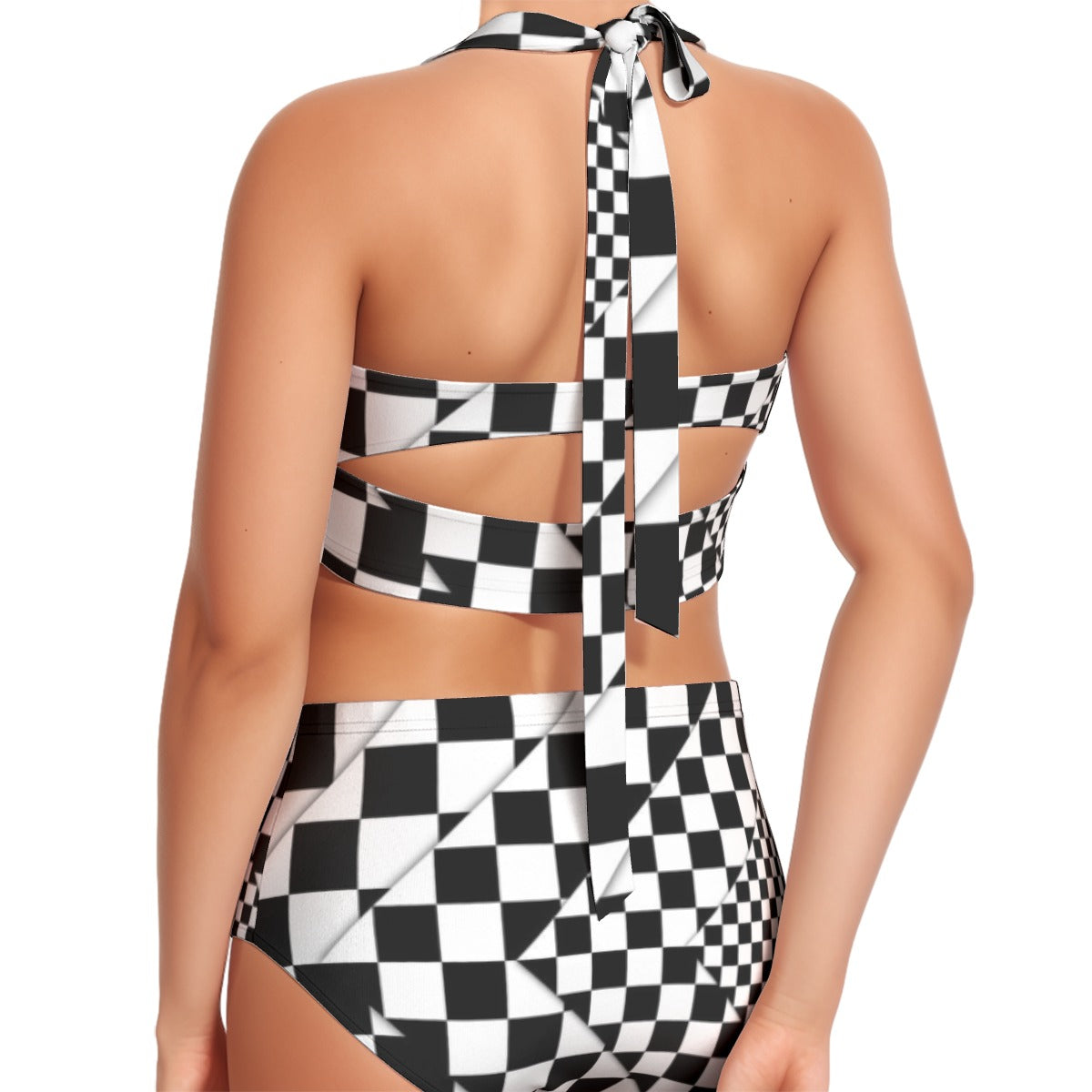 Checked Style Print Women's Swimsuit Set With Halter