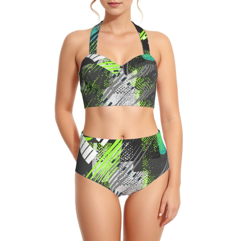 Green Bias Women's Swimsuit Set With Halter