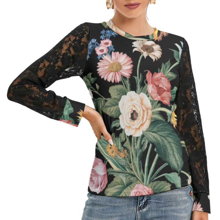 Poppy Fleurs Women's T-shirt with Black Lace Sleeve