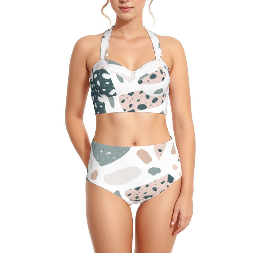 Spackled Print Women's Swimsuit Set With Halter