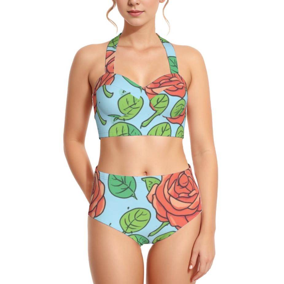 Rose' Roses Women's Swimsuit Set With Halter