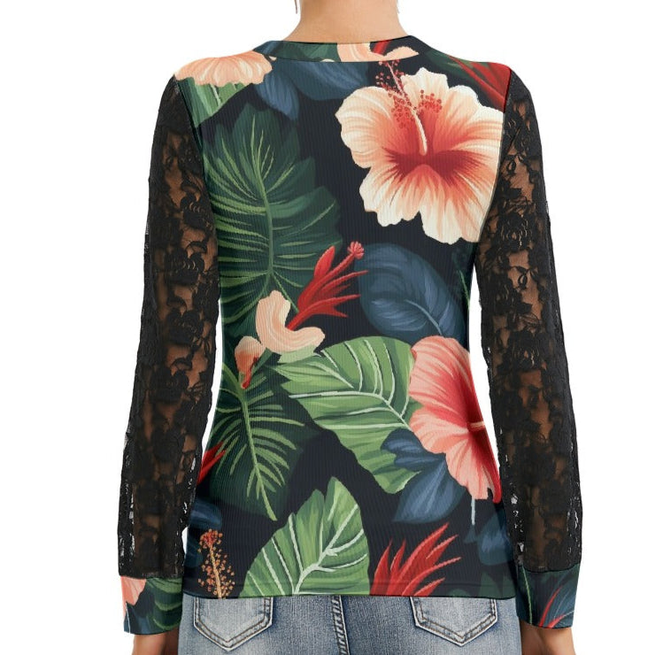 Hawaiian Hibiscus Women's Black Lace Sleeve Top