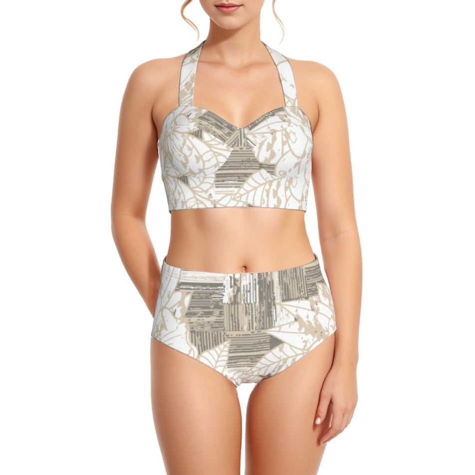 Barn Leaf Print Women's Swimsuit Set With Halter