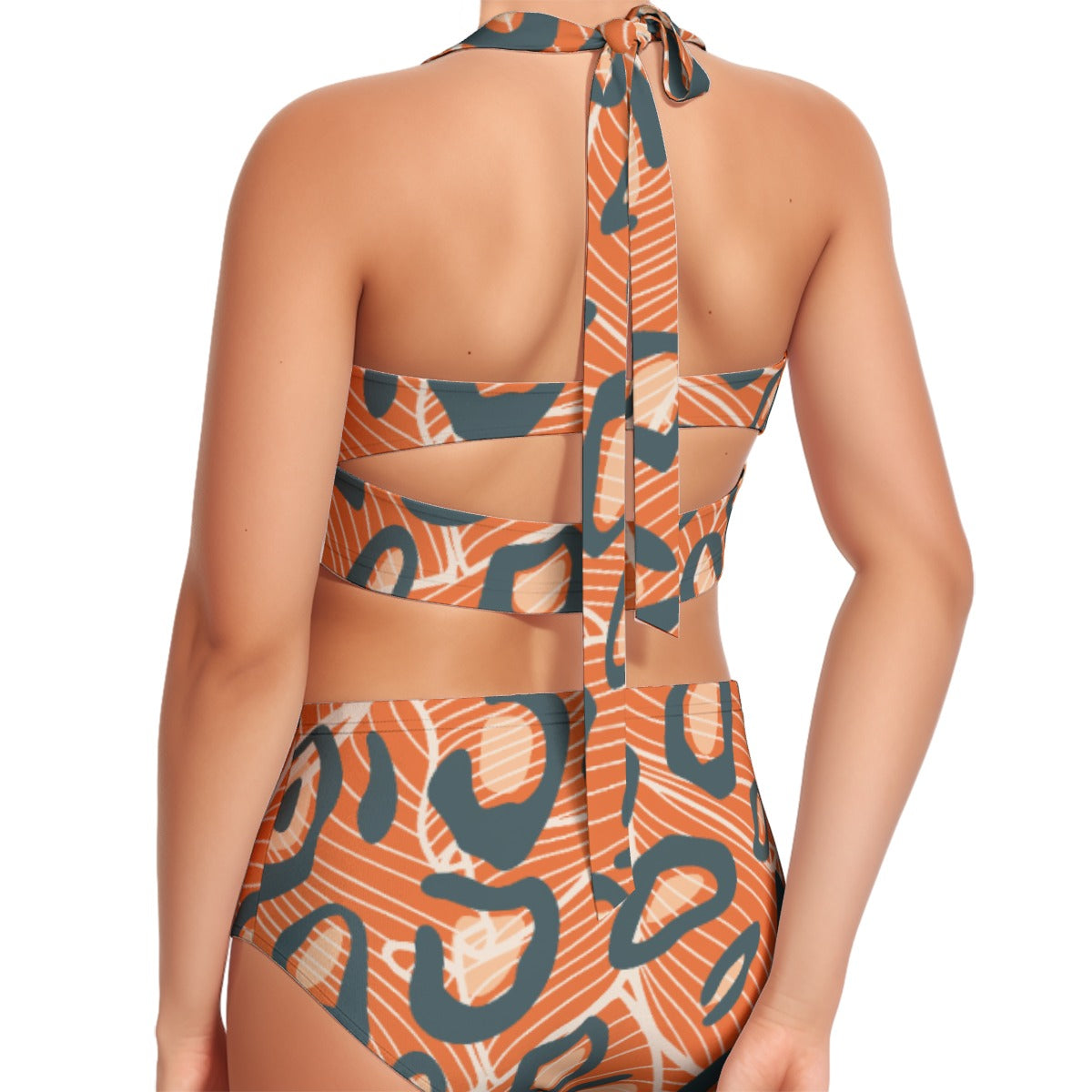 Leaf Leopard Women's Swimsuit Set With Halter