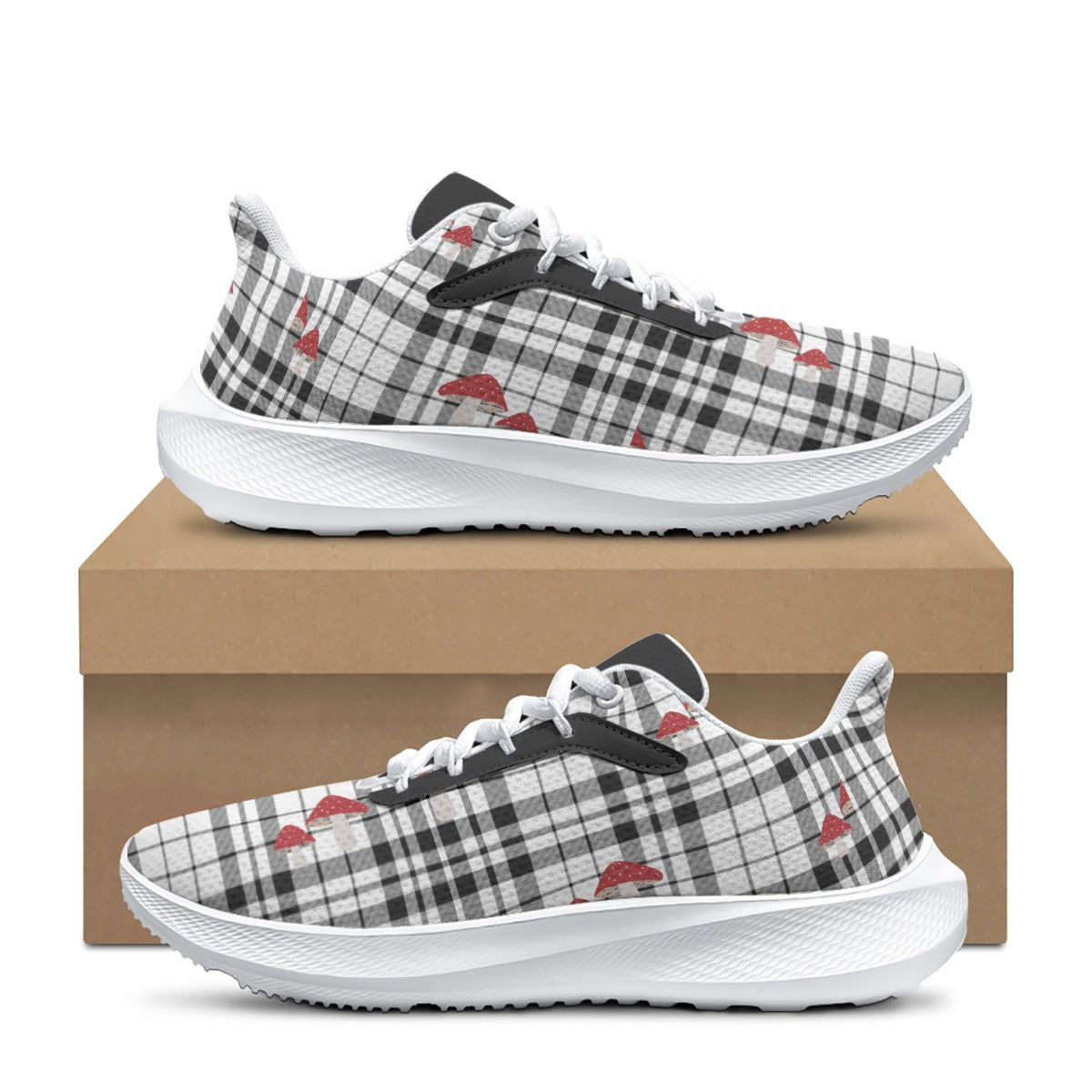 B&W Plaid Fungi - Women's Road Running Shoes