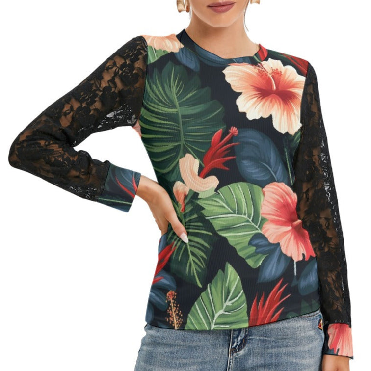 Hawaiian Hibiscus Women's Black Lace Sleeve Top - Spruced Roost