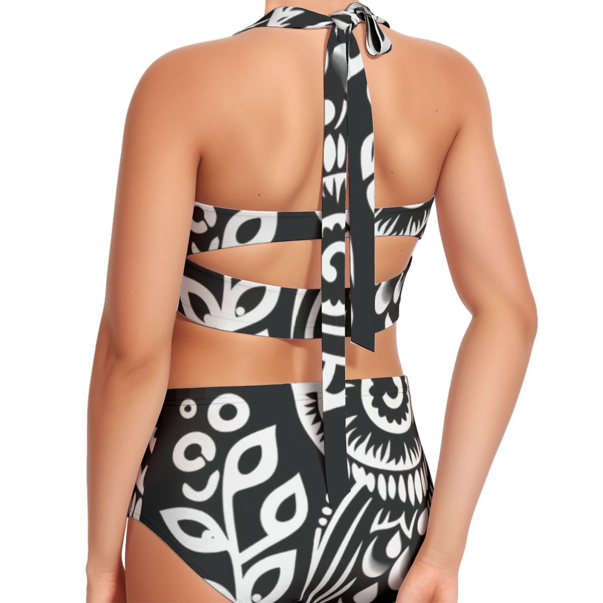 Intricacies B&W Women's Swimsuit Set With Halter