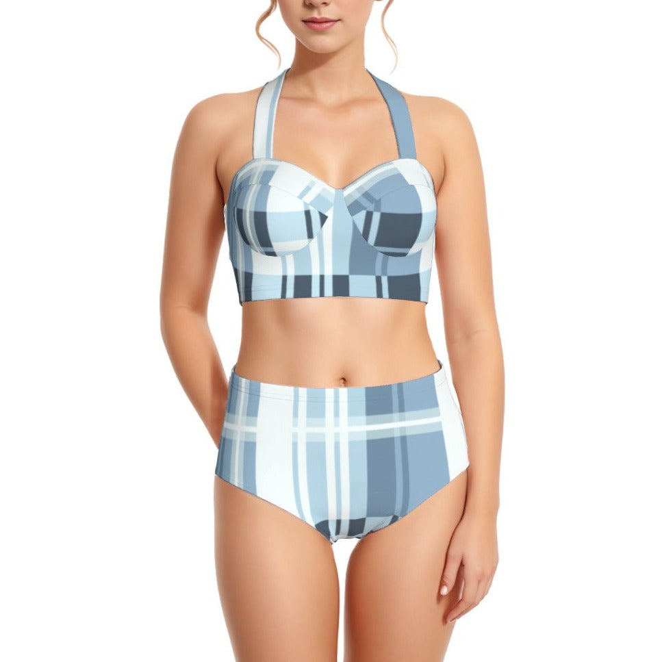 Blue Plaid Women's Swimsuit Set With Halter