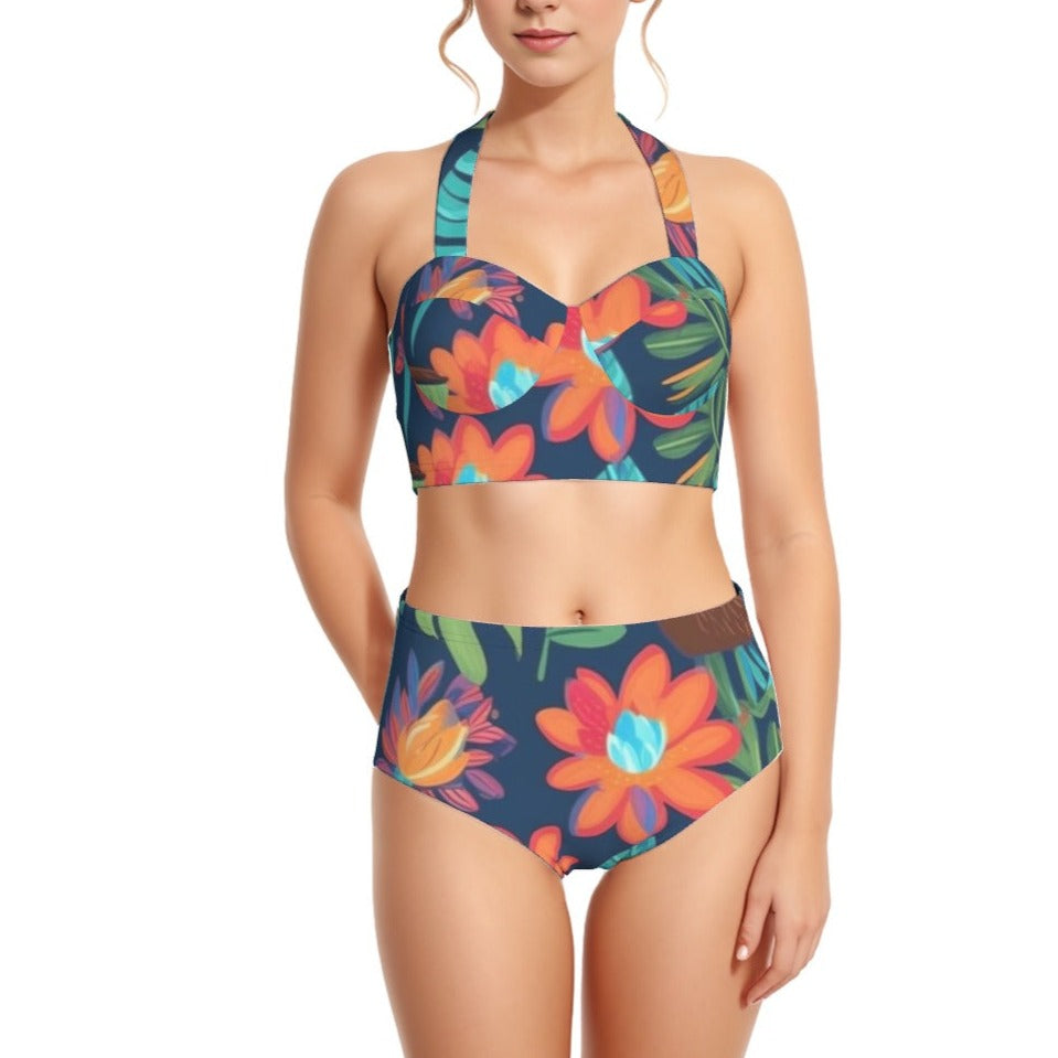 Flower Power Women's Swimsuit Set With Halter