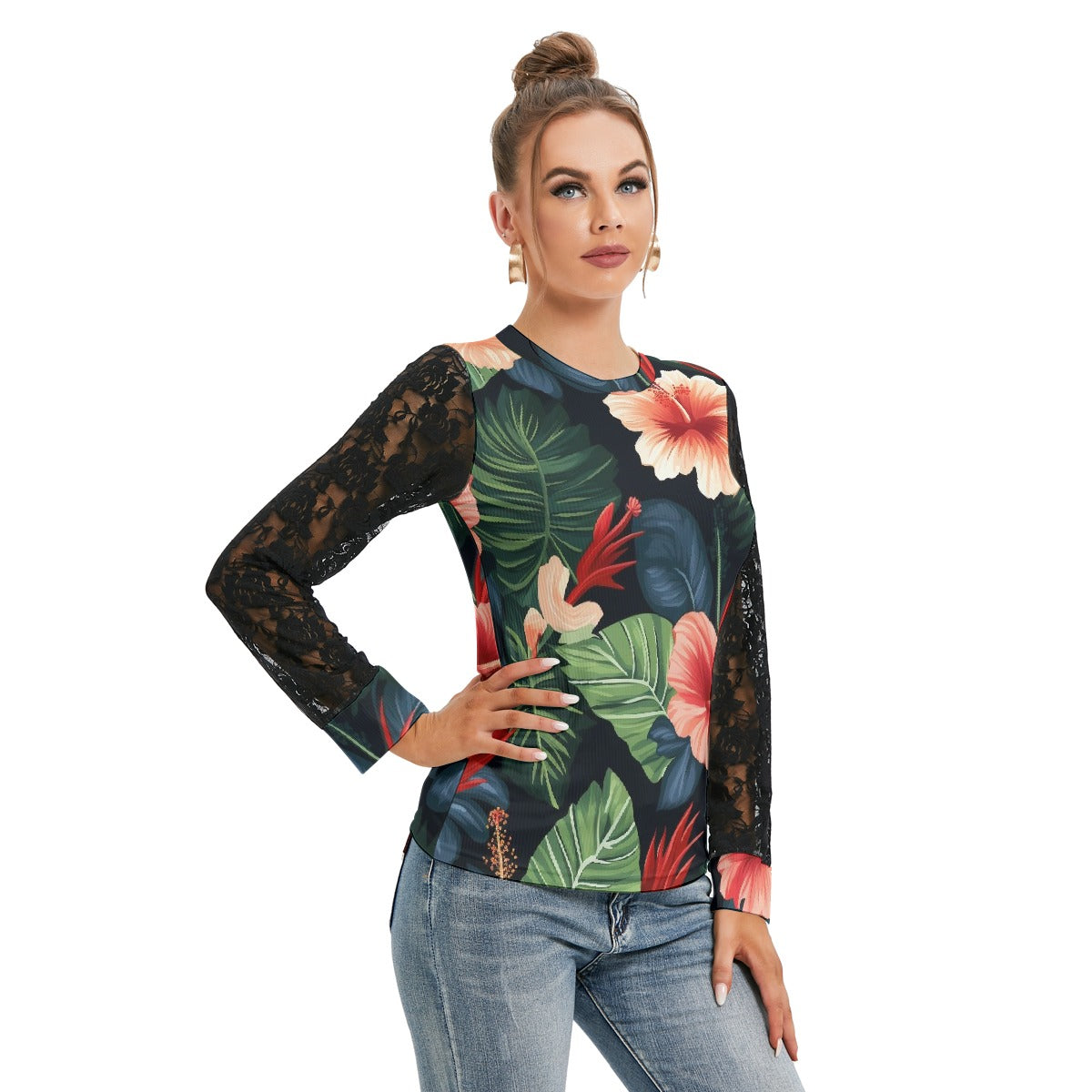 Hawaiian Hibiscus Women's Black Lace Sleeve Top