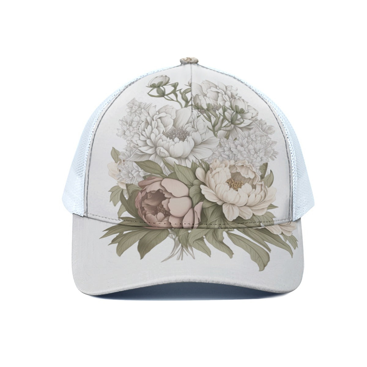 Peony Plumes Trucker Hat With White Half-mesh
