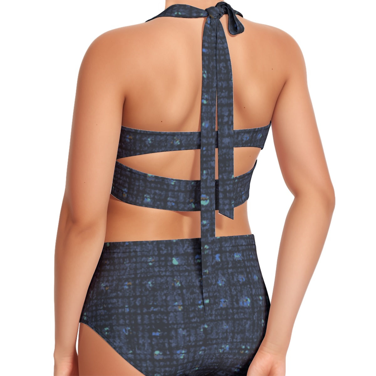 Woven Blue Print Women's Swimsuit Set With Halter