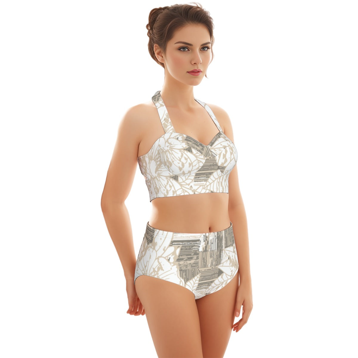 Barn Leaf Print Women's Swimsuit Set With Halter