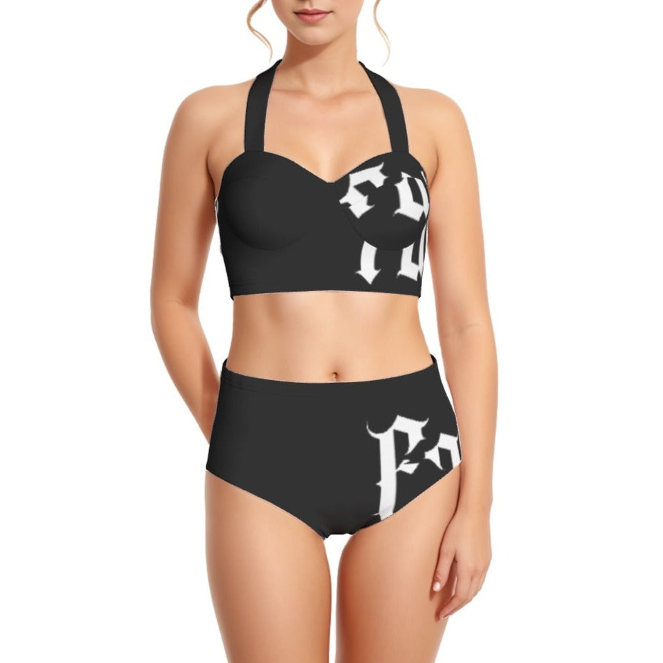 Black Edge Women's Swimsuit Set With Halter