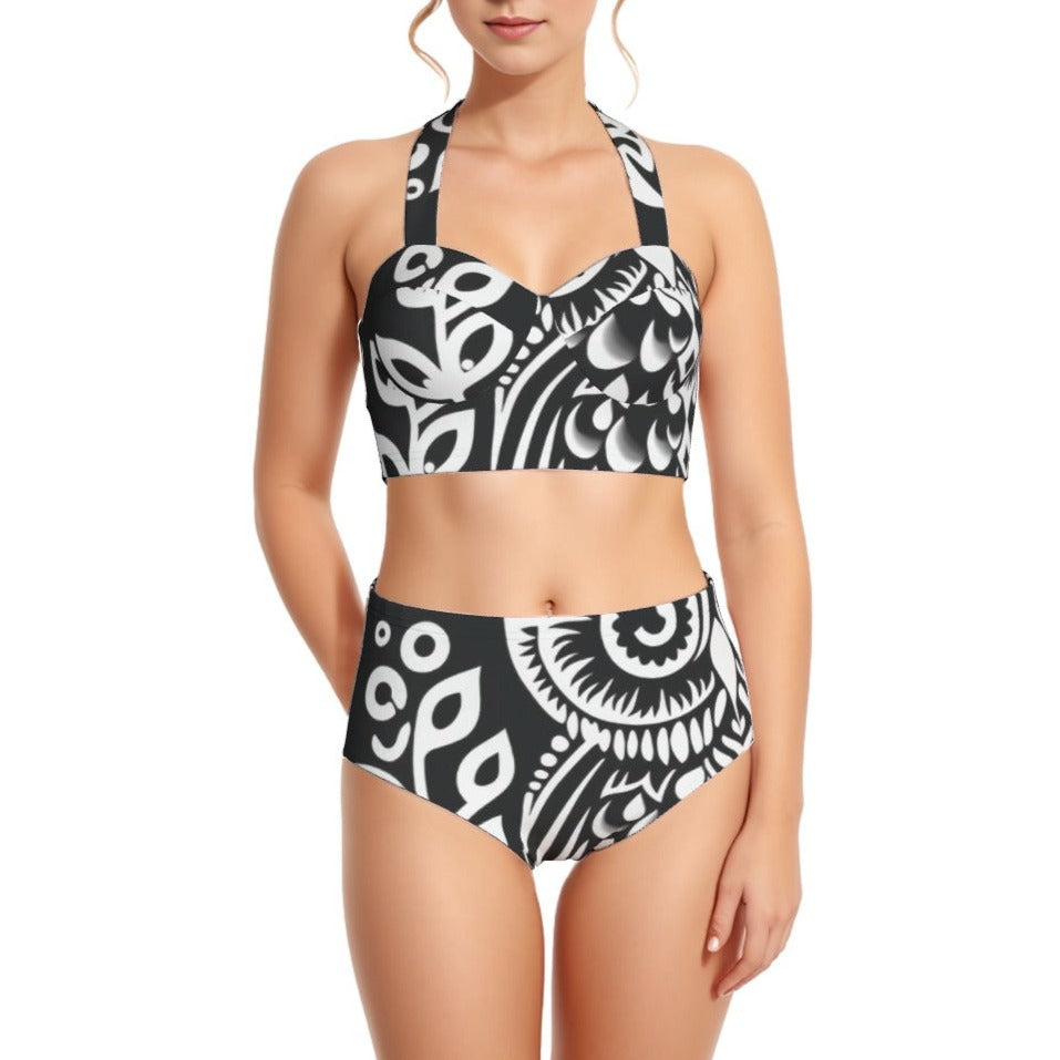 Intricacies B&W Women's Swimsuit Set With Halter