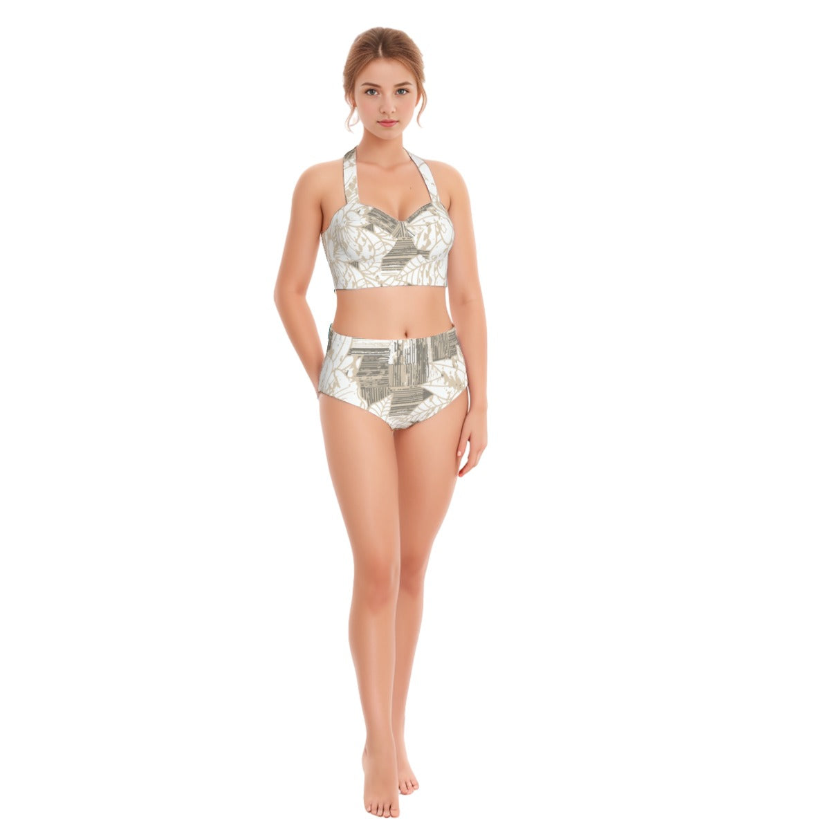 Barn Leaf Print Women's Swimsuit Set With Halter