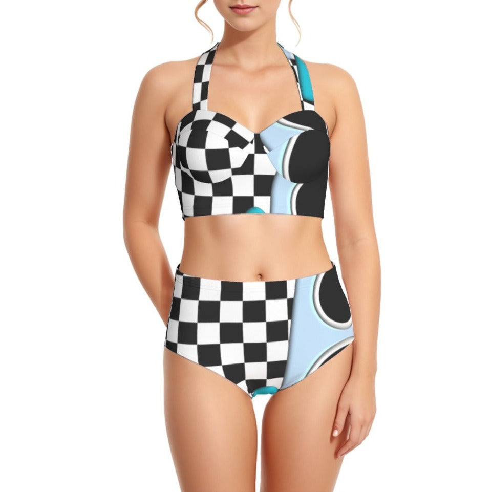 Blue Checks Print Women's Swimsuit Set With Halter