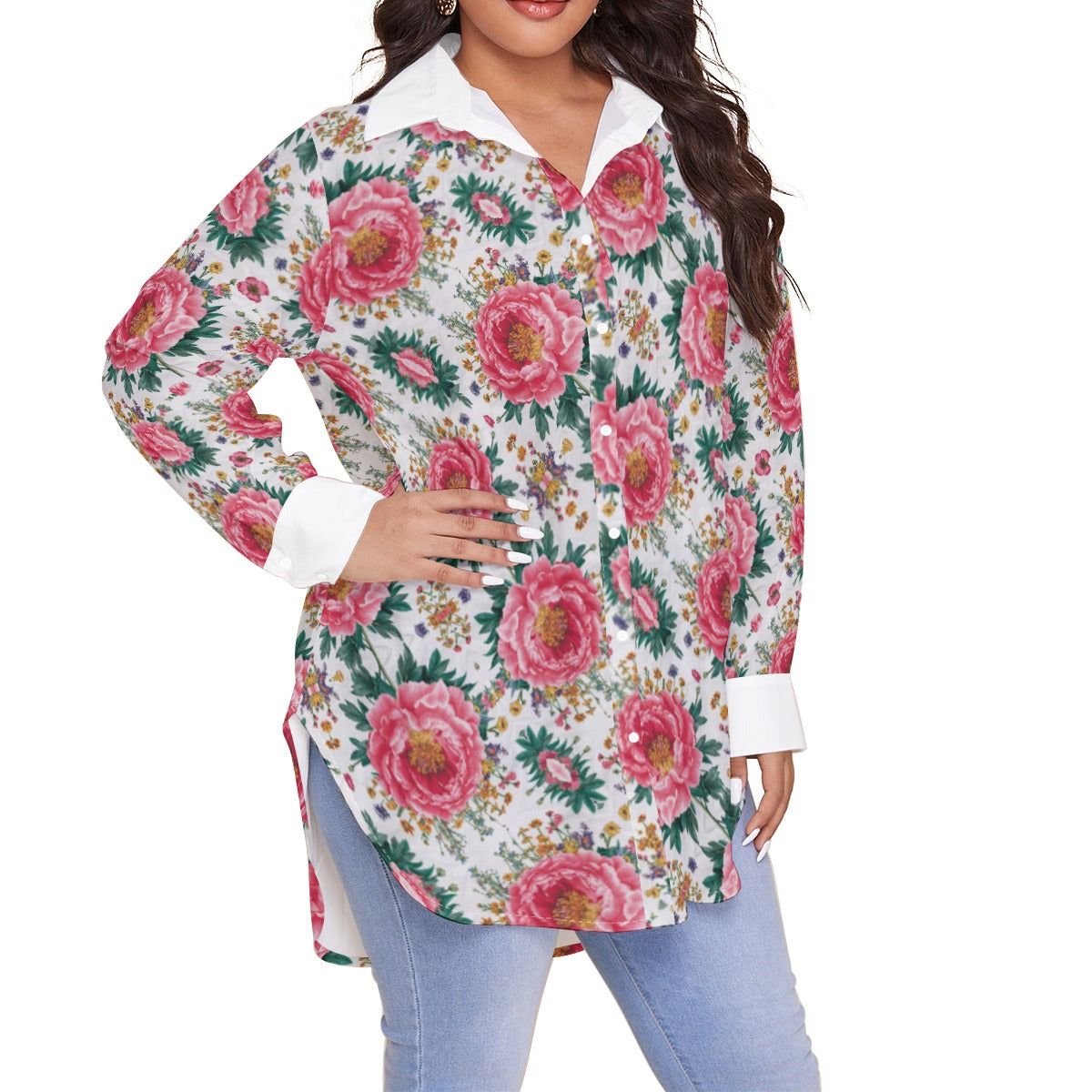 Hot Pink Peony on Bias - Women's Shirt With Long Sleeve(Plus Size) - Spruced Roost