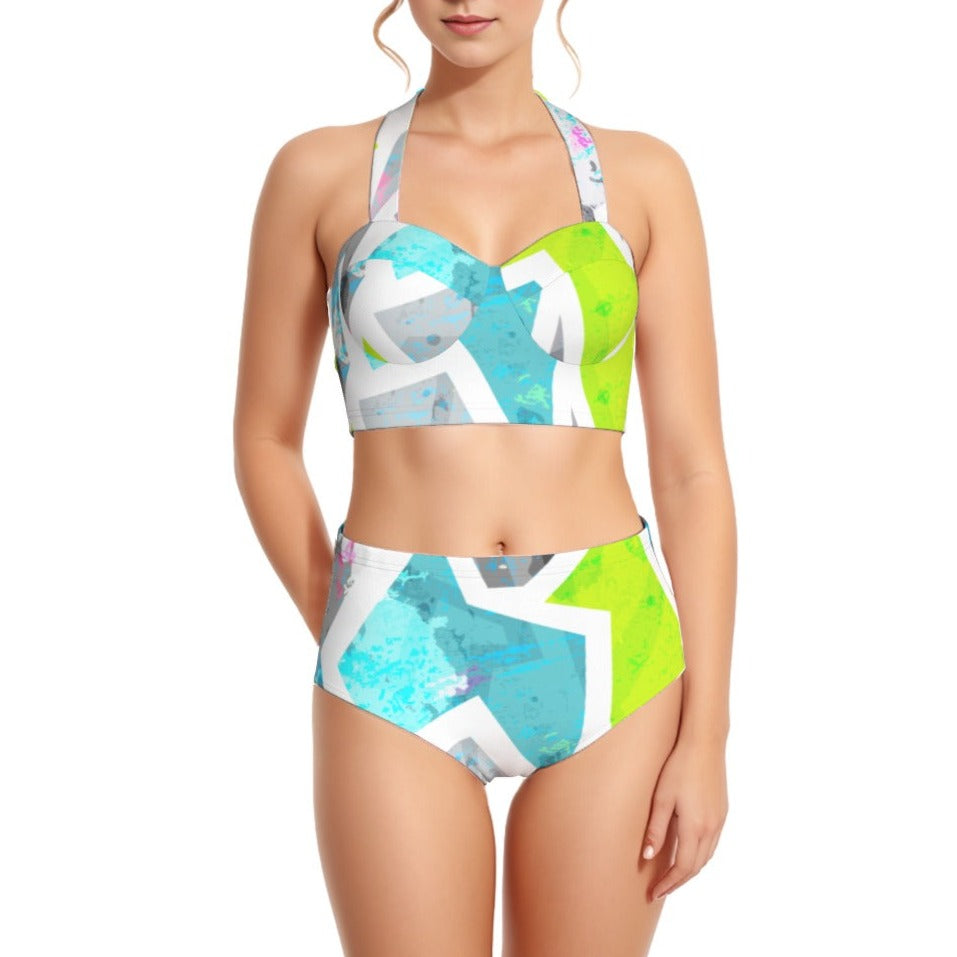 Aqua Green Print Women's Bikini Swimsuit Set With Halter