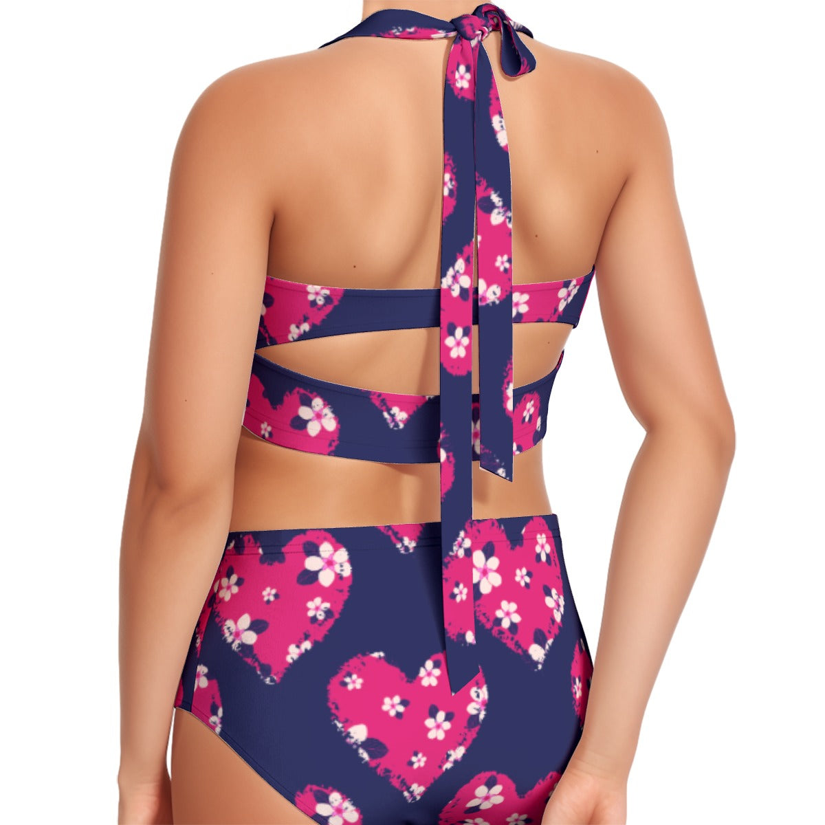 Hearts in Navy Women's Swimsuit Set With Halter