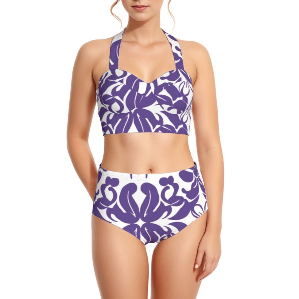 Purple Brocade Women's Swimsuit Set With Halter