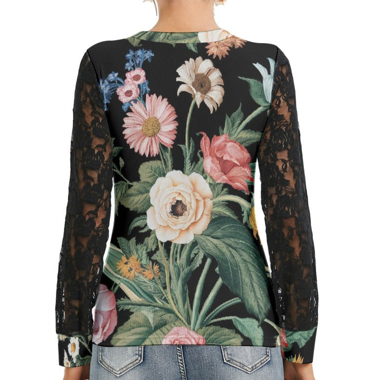 Poppy Fleurs Women's T-shirt with Black Lace Sleeve