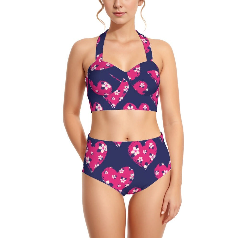 Hearts in Navy Women's Swimsuit Set With Halter